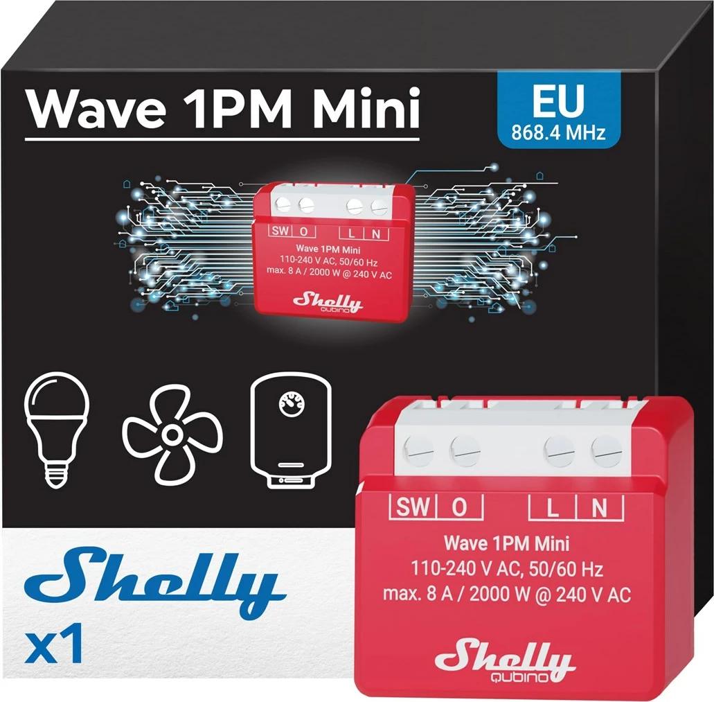 Relé inteligjente Shelly Wave 1PM Mini LR, wireless, 110-240V AC, e kuqe