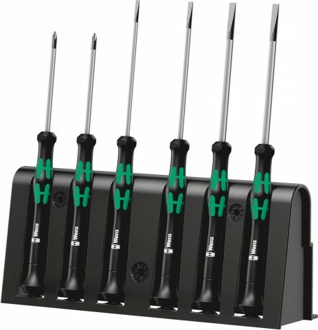 Set kaçavidash Wera 2035/6 A me raft, për elektronikë, 6 copë, zi-gjelbër