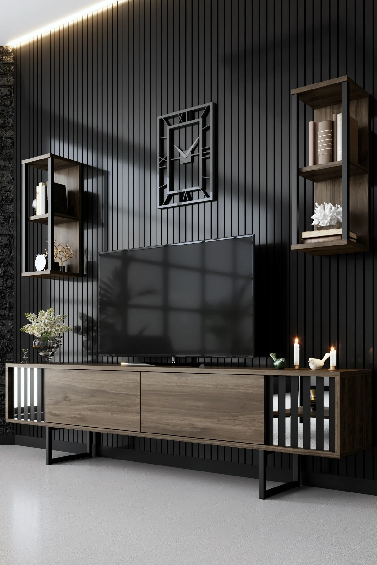 Komodë TV Hanah Home, Chrome Line, ngjyrë arre dhe e zezë