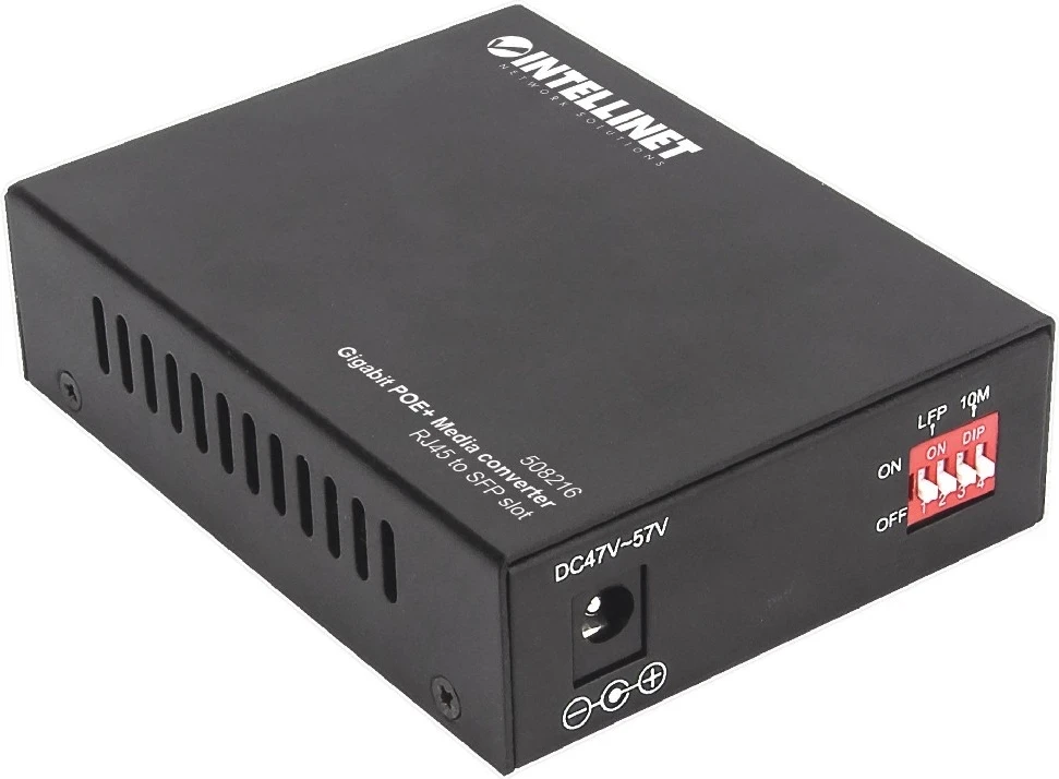 Konvertues Medial Intellinet 508216, Gigabit 1000Base-T RJ45 në Slot SFP, injector PoE+