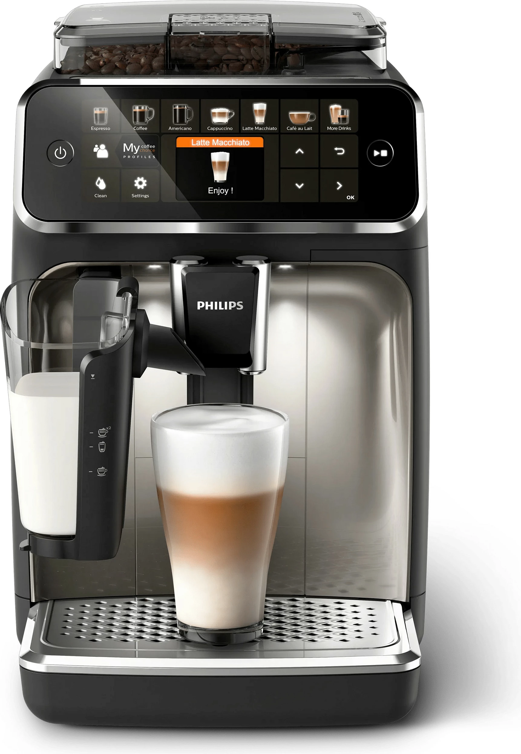 Aparat kafeje automatik Philips 5400 Series EP5447/90, mulli i integrum, touchscreen, i zi/krom