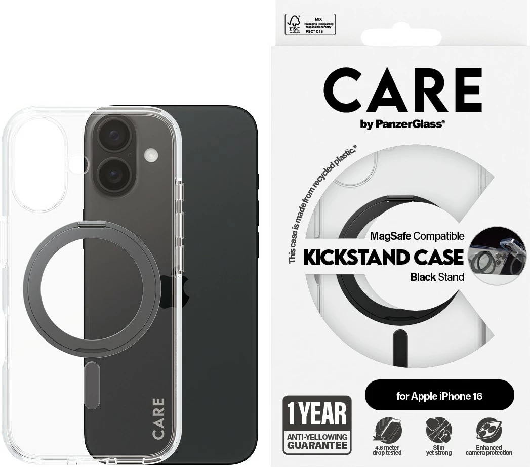 Mbështjellës PanzerGlass CARE Case, iPhone 16, MagSAFE, Kickstand, transparent