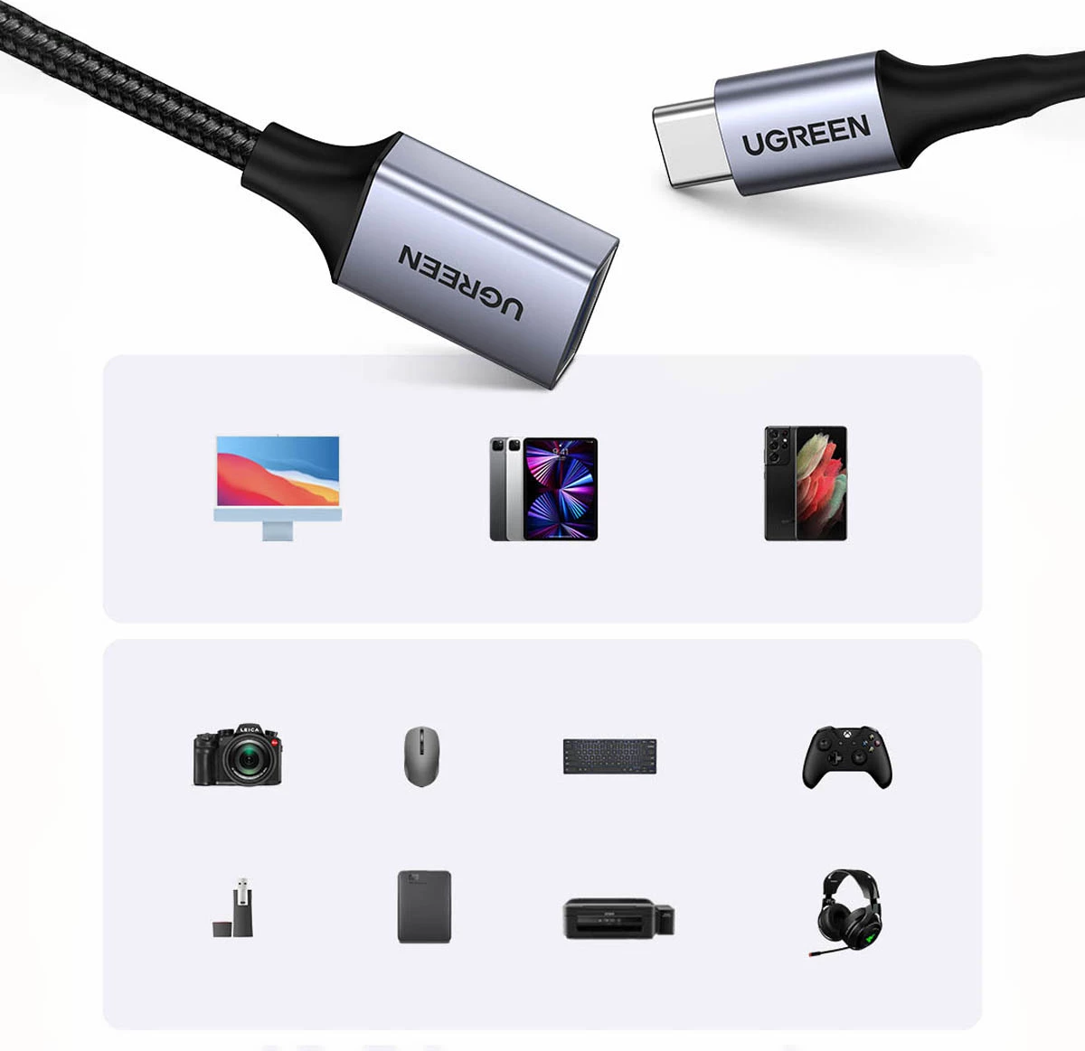 Kabllo adapter OTG Ugreen US378, USB-C (mashkull) në USB-A (femër), 0.15m, e zezë