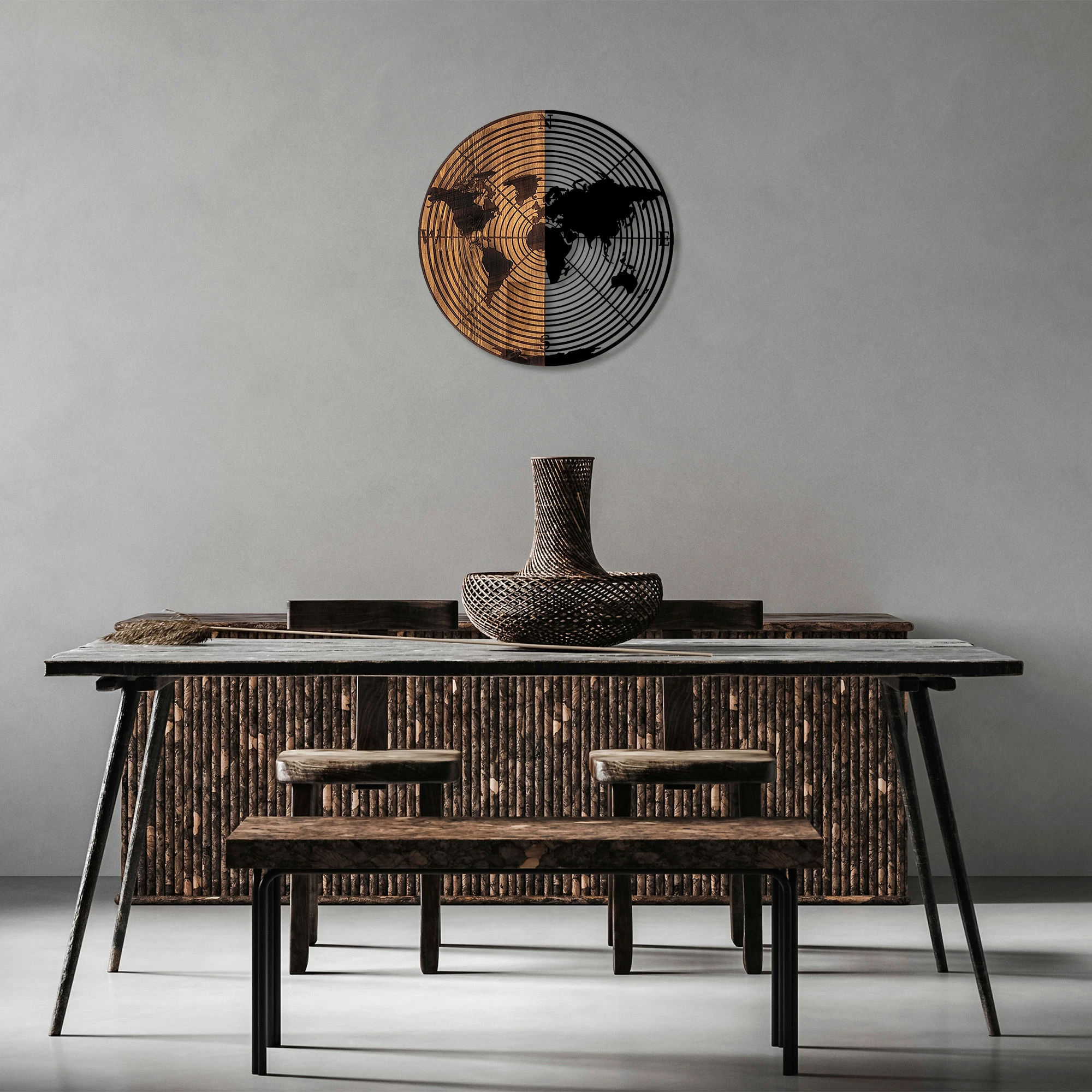 Aksesor dekorativ muri prej druri, hartë bote, Wallity, 321, ngjyrë e zezë dhe arre, Ø56cm