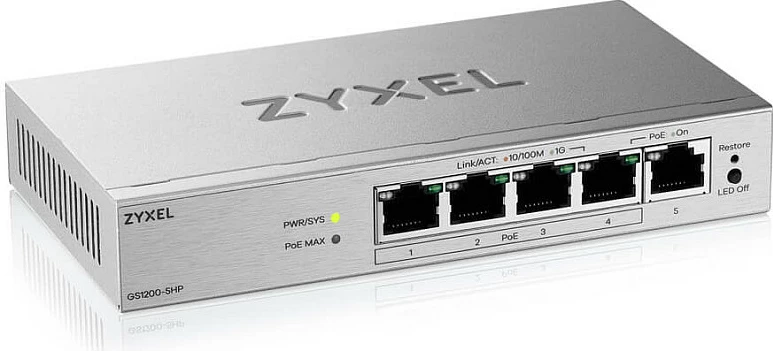 Switch Zyxel GS1200-5HPV3, 5-Port Gigabit, Managed L2, PoE+ 802.3at, Desktop, ngjyrë hiri