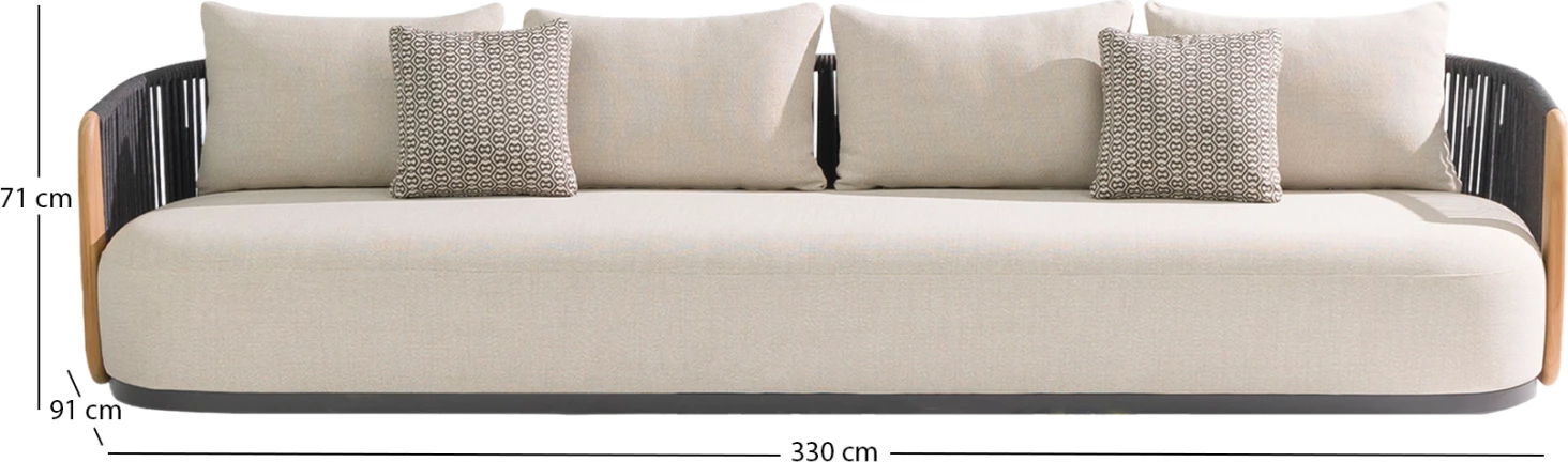Divan 4-vendësh AUGUSTUS, alumin gri, litar, ulëse beige, 330x91x71cm