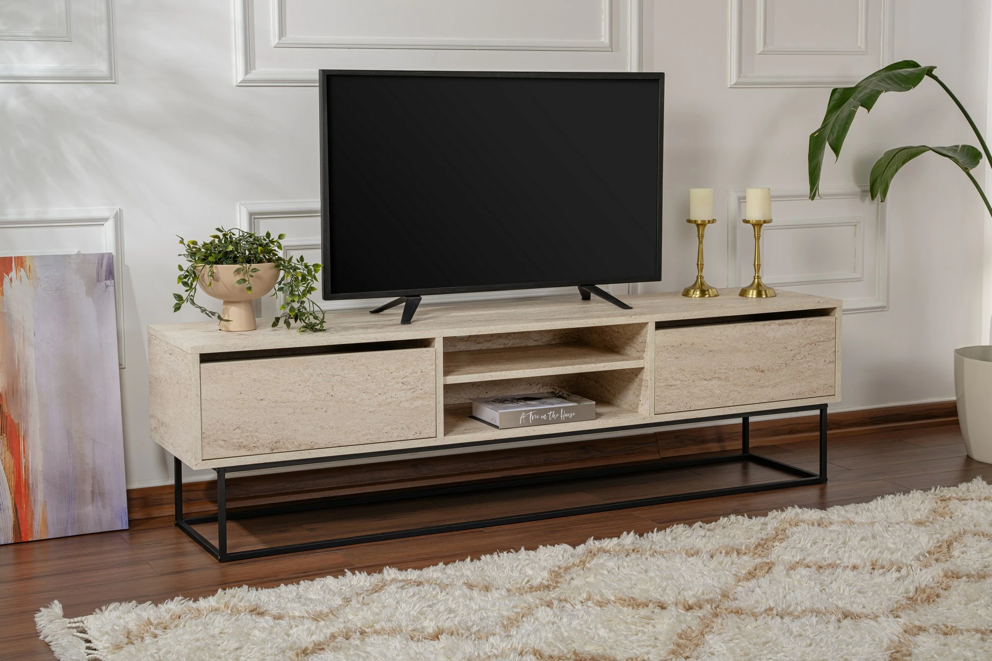 Komodë TV Hanah Home Escape 180, ngjyrë e zezë, travertin