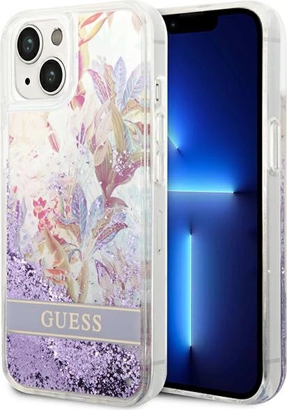 Mbështjellës Guess GUHCP14MLFLSU për iPhone 14 Plus, Flower Liquid Glitter, vjollcë
