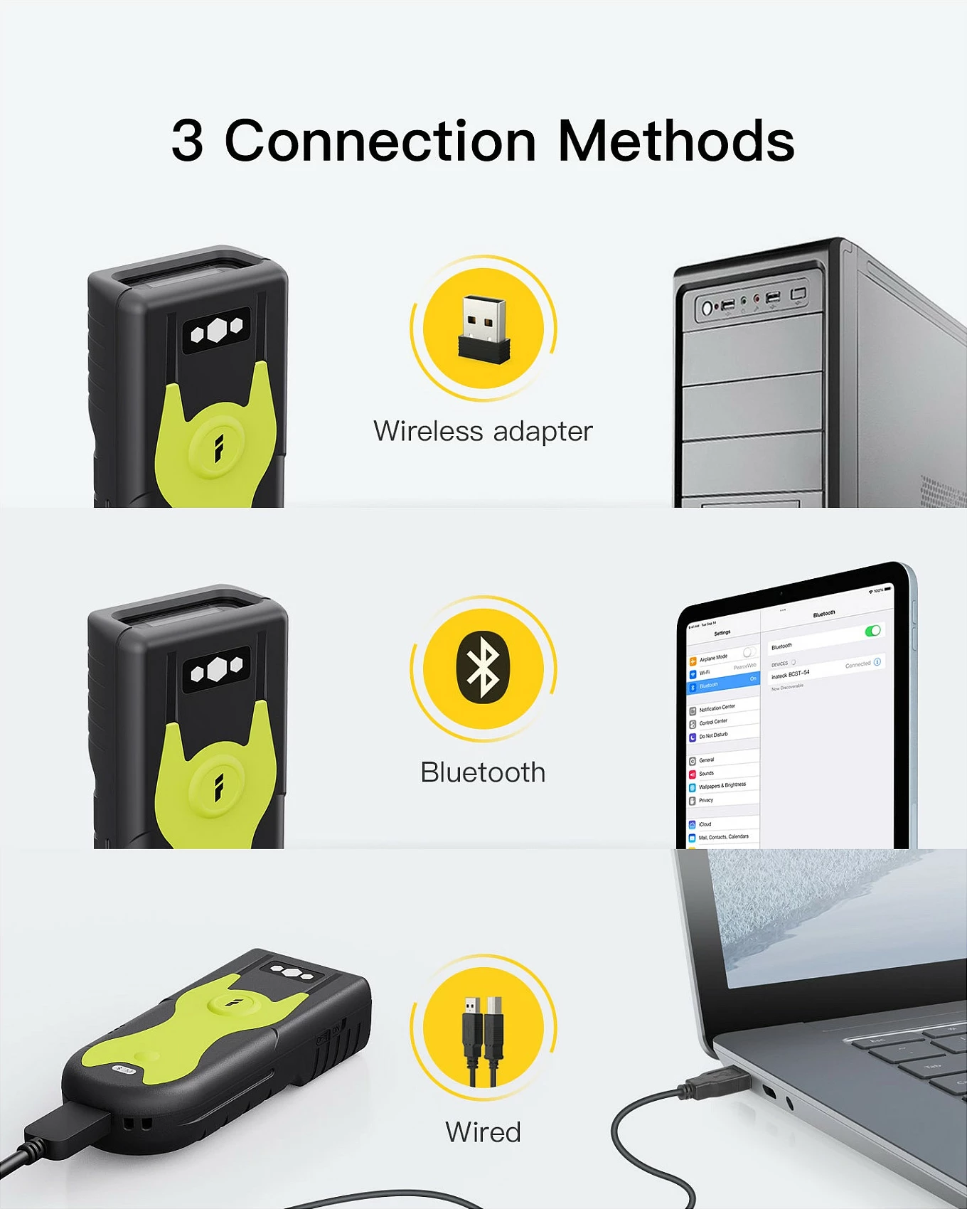 Skaner barkodi Inateck BCST-42, 2D QR, Bluetooth 5.0, USB/2.4G, zi/gri/jeshile
