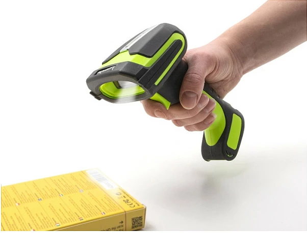 Skaner barkodi DeLOCK 90588, 1D/2D, wireless Bluetooth 4.1 + RF 433 MHz, me bazë karikimi, i zi/jeshil