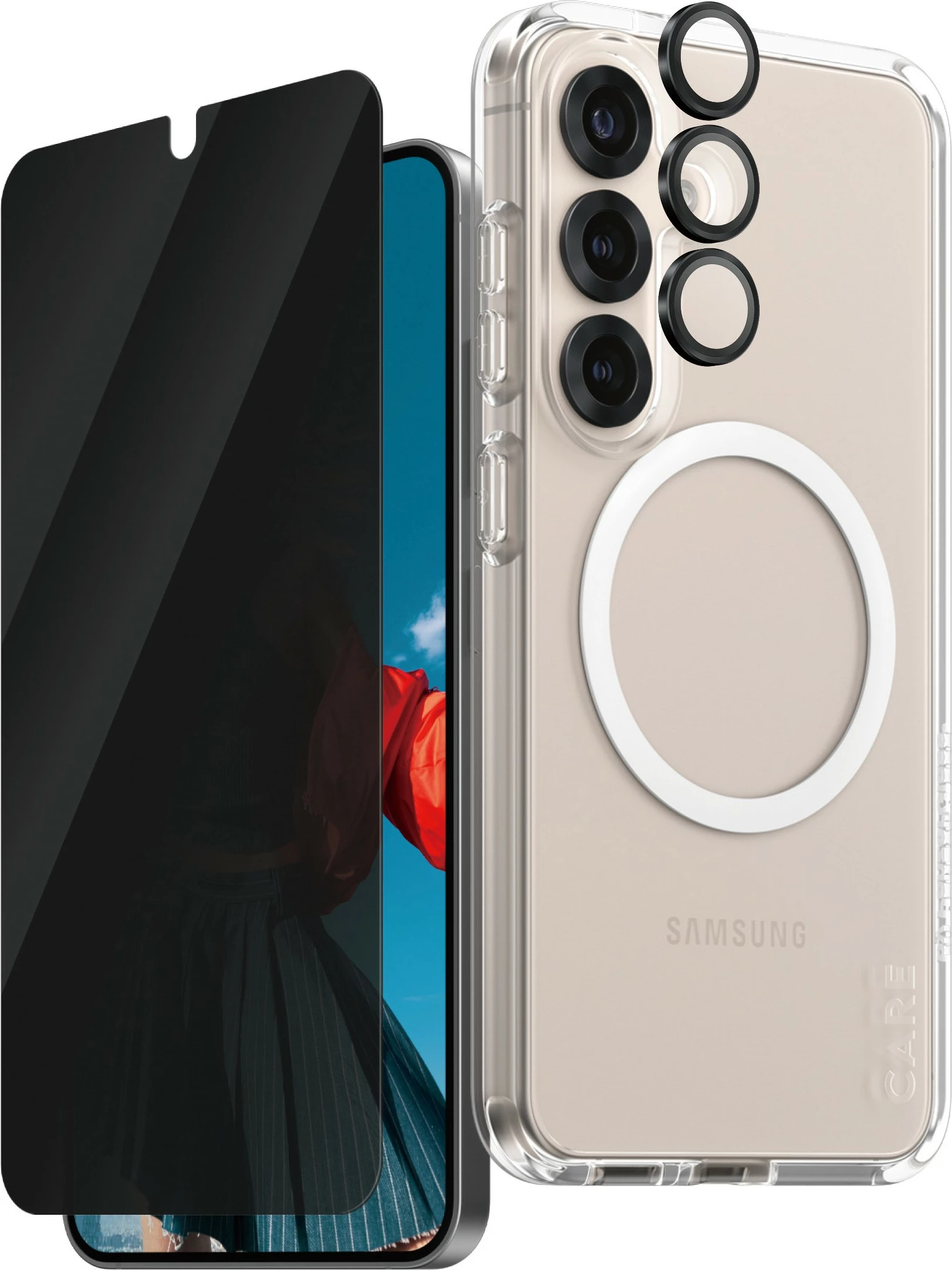 Mbështjellës PanzerGlass CARE Flagship 3-in-1 Privacy Bundle për Samsung Galaxy S25, transparent