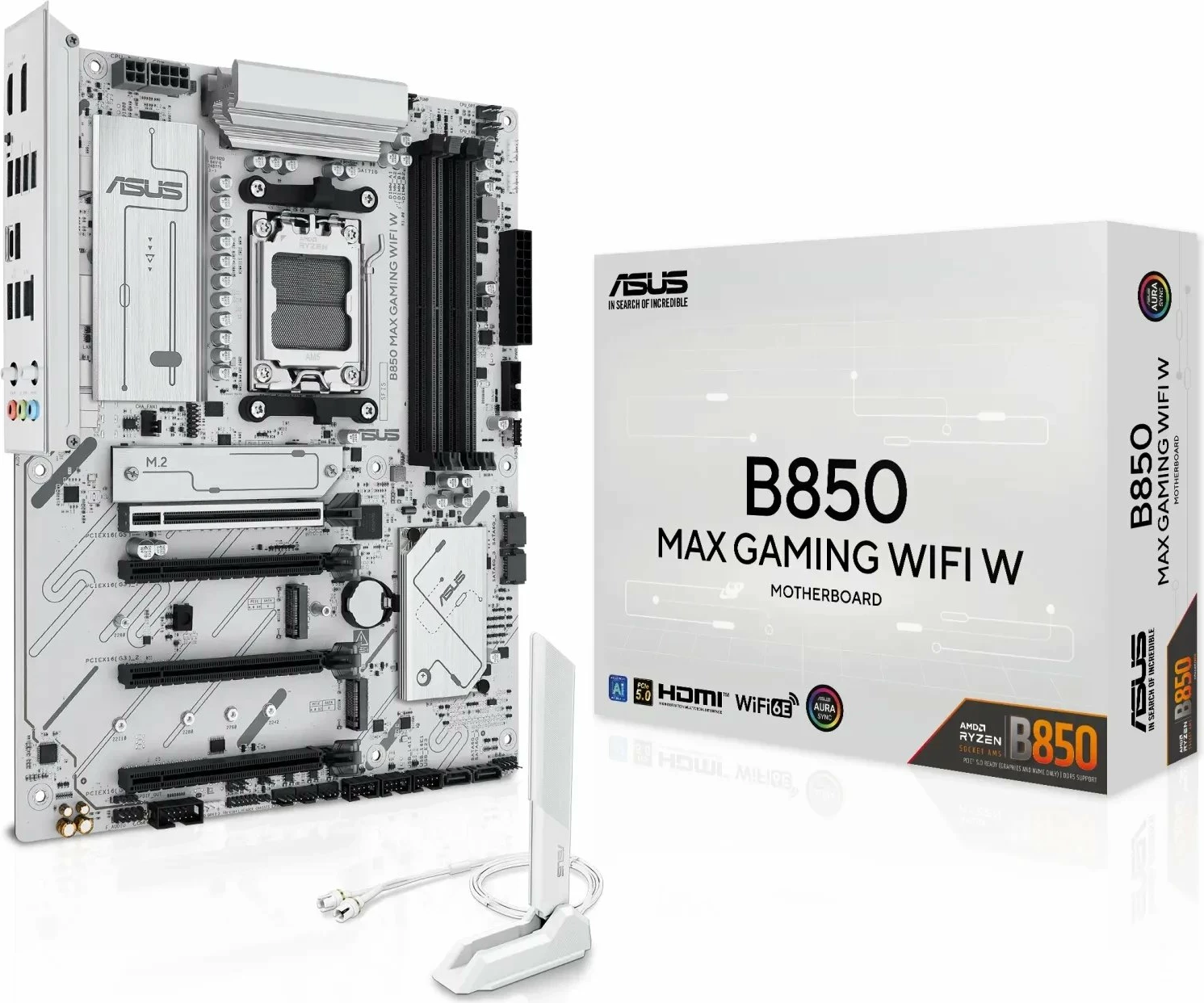 Pllakë amë Asus B850 MAX GAMING WIFI W ATX DDR5 deri 256GB, Wi‑Fi 6E/Bluetooth, e bardhë, me antenë WiFi dhe 2x kabllo SATA