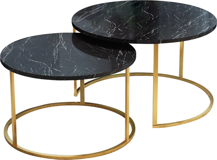 Tavolina kafeje Solme set 2 copë, mermer i zi, melaminë-metal i artë