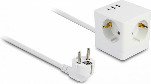 Zgjatues prizash kub DeLOCK 11497, 3x Schuko + USB-C/2x USB-A, 3680W, i bardhë