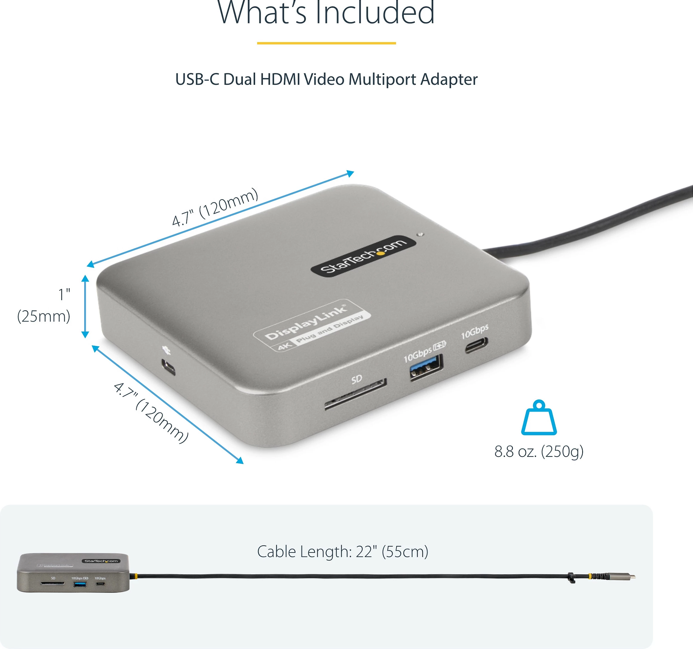 Docking station USB-C StarTech, Dual HDMI 4K 60Hz, USB-A/USB-C 10Gbps, 100W PD, GbE, SD/MMC, Space Gray