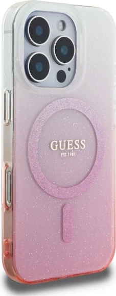 Mbështjellës Guess IML Glitter Gradient MagSafe për iPhone 16 Pro Max, Rozë