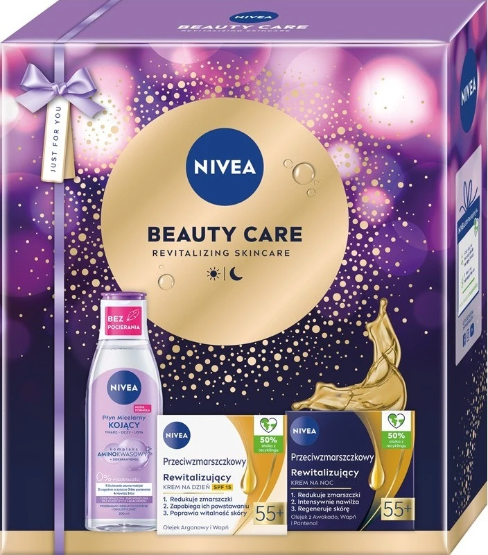 Set për fytyrë Nivea Beauty Care 55+ për femra, krem dite 50ml, krem nate 50ml, ujë micelar 200ml, 3 copë