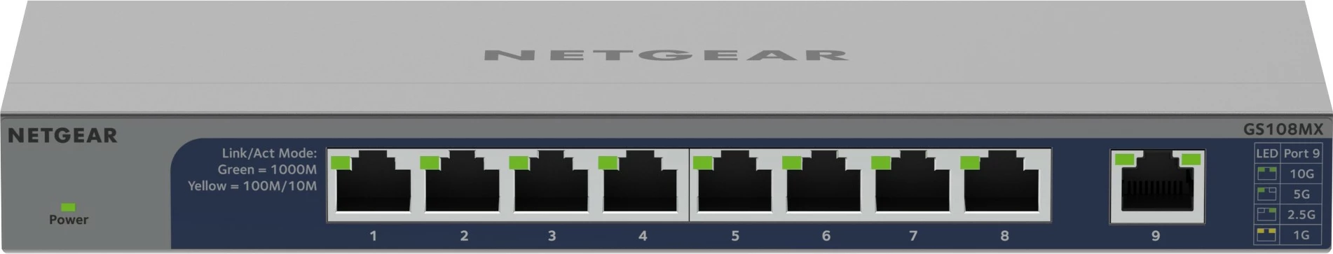 Switch NETGEAR GS108MX, 8 porte Gigabit, 1 portë 10G, kasë metalike
