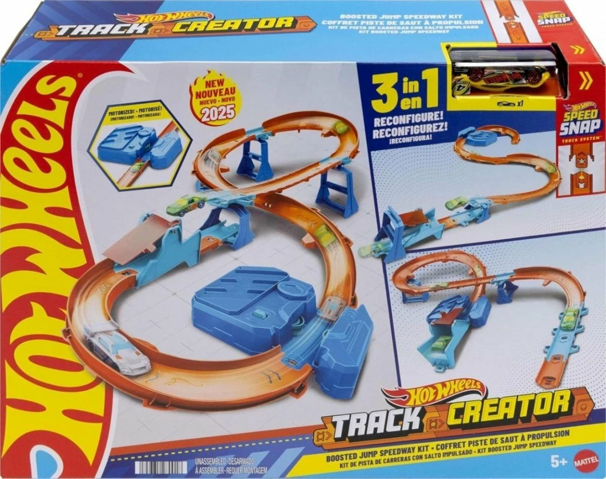 Set pistë garash Hot Wheels Track Creator Super Jump with Drive JDB49 (PUD2), 3-në-1, 1:64, me booster, 1 makinë, shumëngjyrëshe