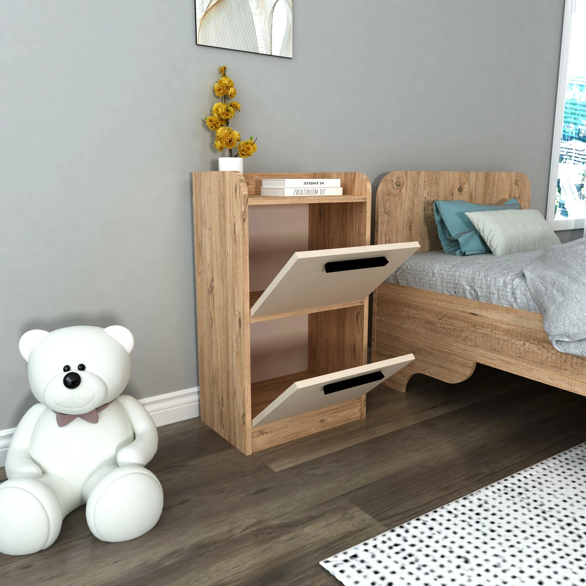 Komodinë natës Hanah Home, ngjyrë Atlantic Pine dhe bezhë, Luses