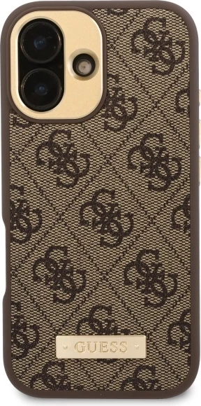 Mbështjellës Guess 4G Logo Plate MagSafe për iPhone 16 Plus, Kafe