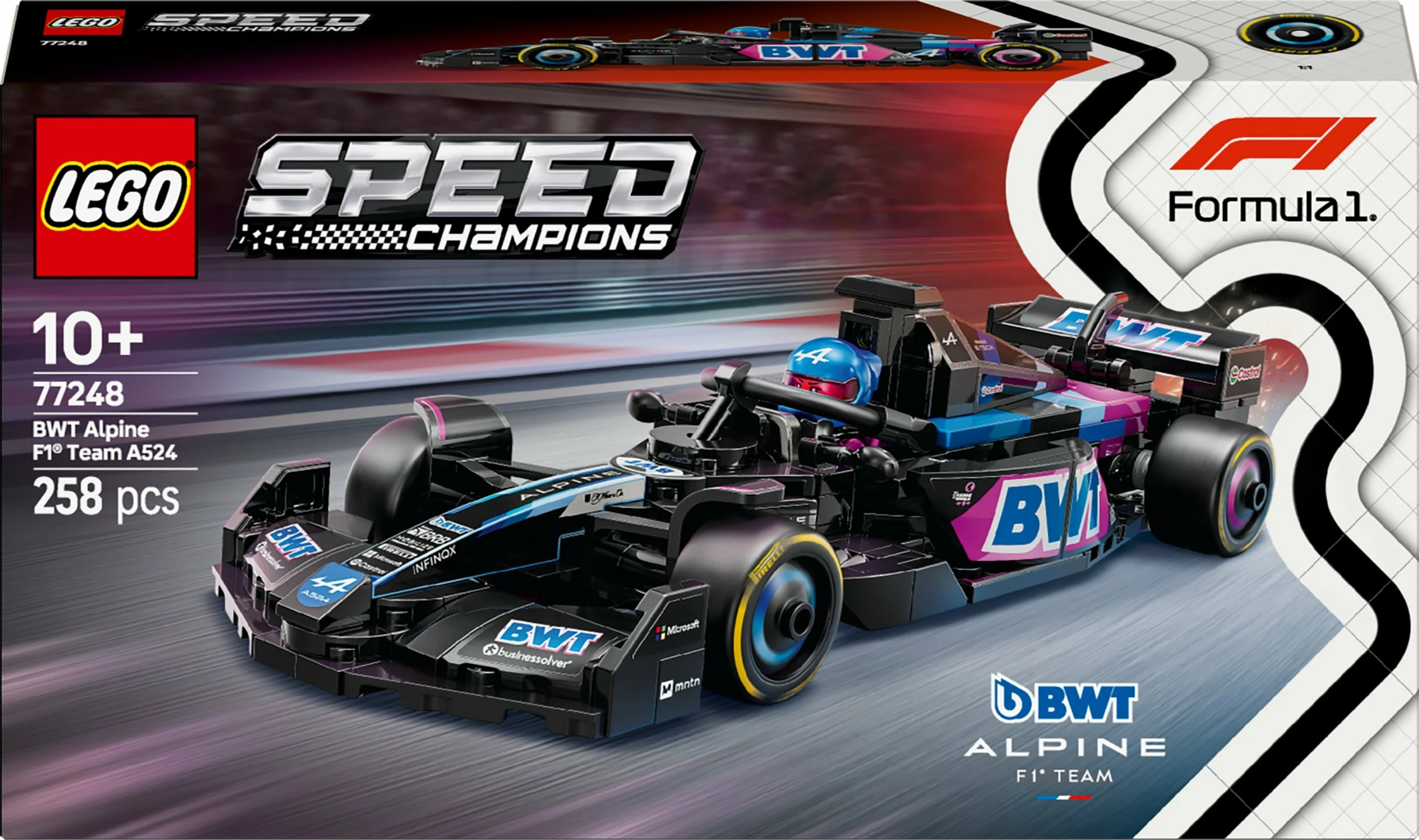 Set LEGO Speed Champions Bolid F1 BWT Alpine Team A524 77248, 258 copë, zi/kaltër/rozë