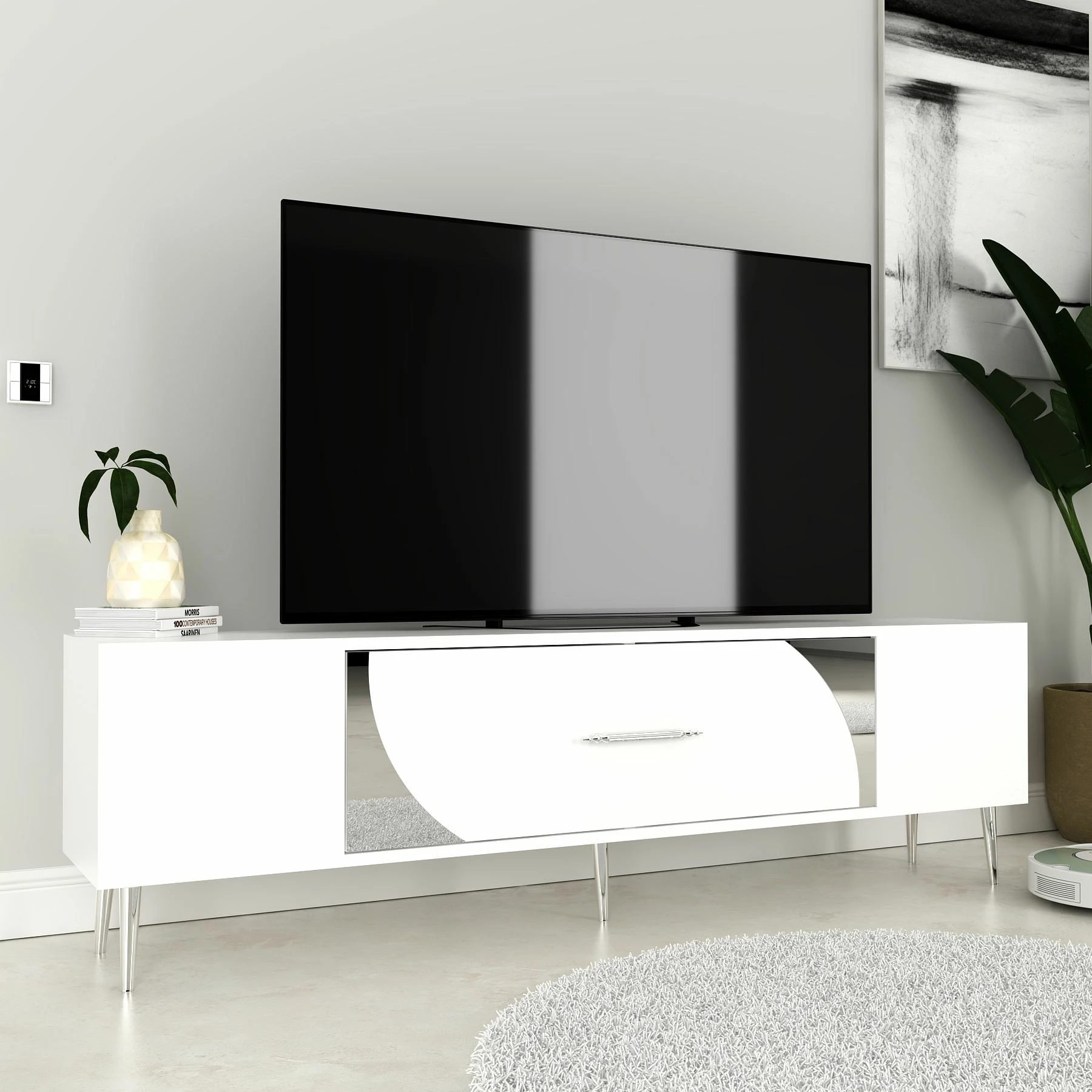 Komodë TV Skye Decor, e bardhë, argjend