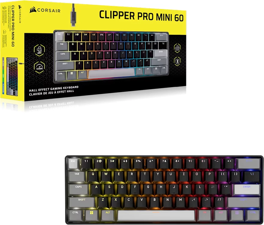 Tastierë gaming CORSAIR Clipper Pro Mini 60-CORE-BLK RGB me kabllo, e zezë