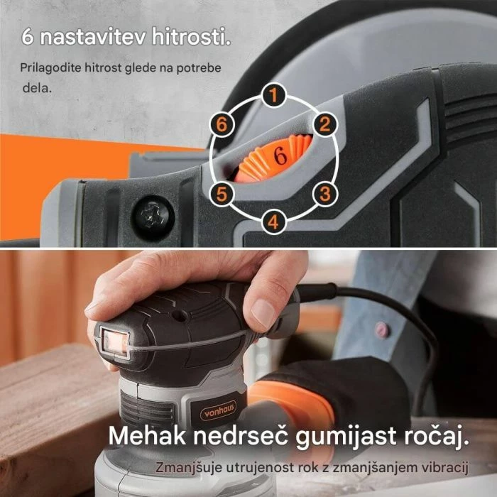 Lëmues ekscentrik VonHaus 3500323, 300 W, disk 125 mm, 6 shpejtësi 7,000–14,000 rpm, kabllo 3 m, me 12 letra zmerile + 2 thasë pluhuri, zi/portokalli/gri