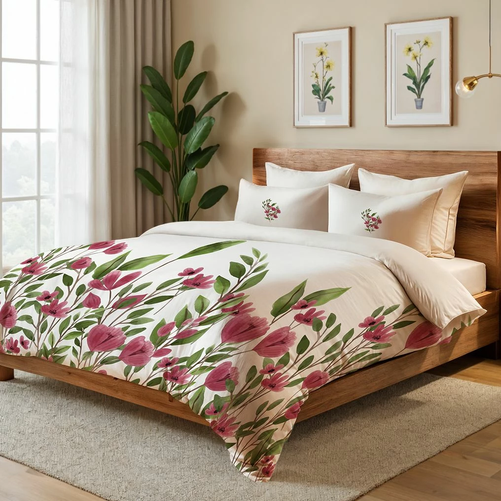 Set mbulesë për jorgan king Tulipa, L'Essentiel Linge de Maison, krem, rozë, burgundy, e gjelbër