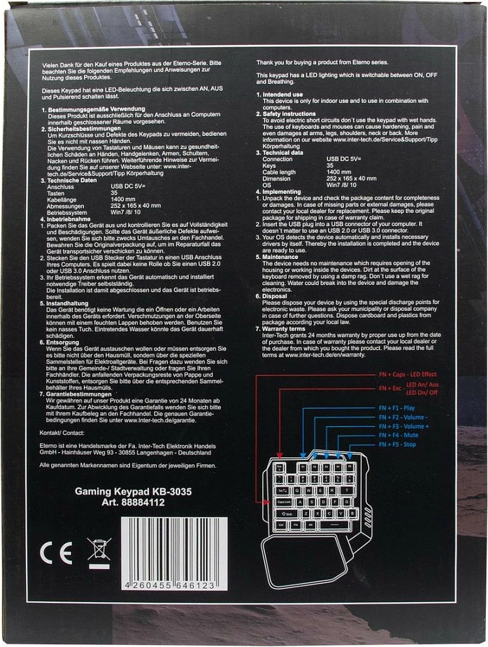 Tastierë Inter-Tech KB-3035, keypad gaming me një dorë, me ndriçim, e zezë