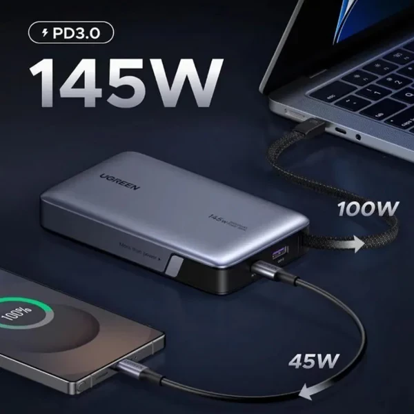 Powerbank UGREEN Nexode PB551 55992B 20000mAh 145W me kabllo USB-C të integrume, gri