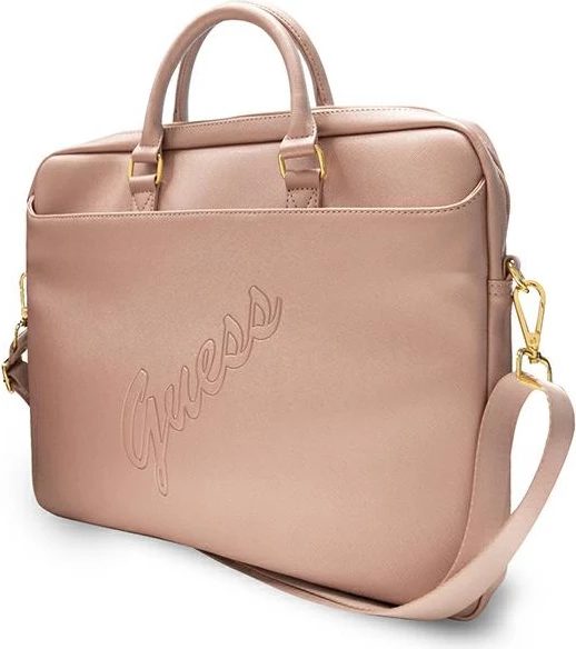 Çantë laptopi Guess Saffiano Script, 16 inç, Rozë