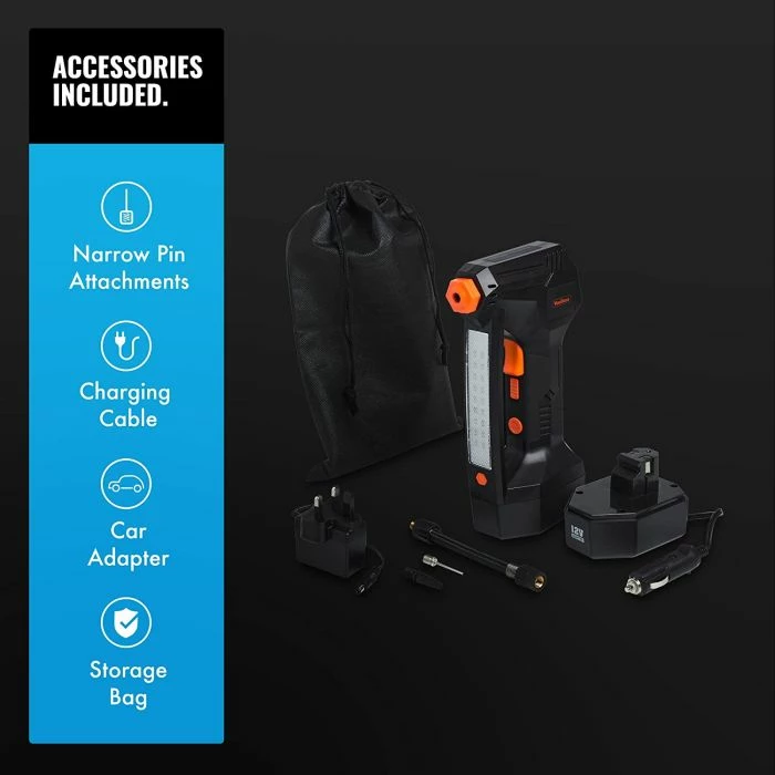 Inflator gomash VONHAUS 3500001 12V, bateri Li-ion 1500mAh, manometër digjital LCD, LED, i zi/portokalli, set me aksesorë