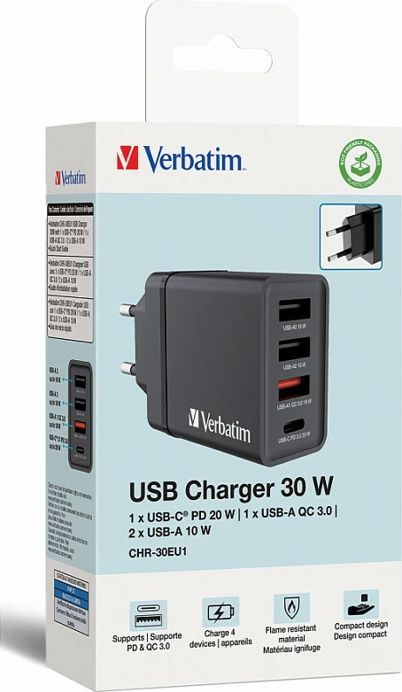 Karikues muri Verbatim 49700, 30W, USB-C PD 20W + 3x USB-A, prizë EU, i zi