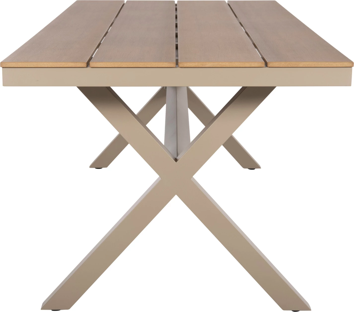 Tavolinë drejtkëndore alumini, TAWNEE, ngjyrë shampanjë, polywood ngjyrë druri natyral, 219.5x89.5x73H cm