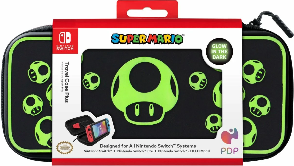 Kasë udhëtimi PDP Nintendo Switch Travel Case Plus 1-Up Glow in the Dark, me mbajtëse të integrume, e zezë/jeshile
