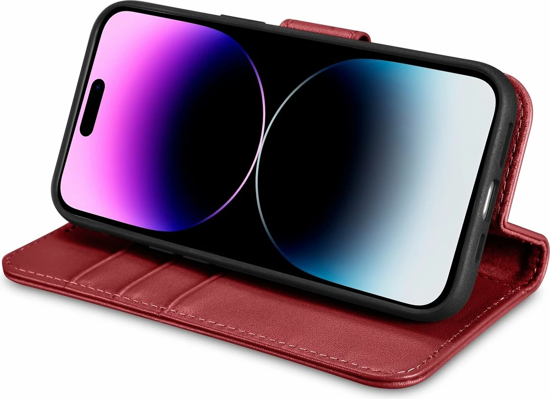 Mbështjellës iCarer Wallet Case 2in1 për iPhone 14 Pro Max, lëkurë, Anti-RFID, e kuqe