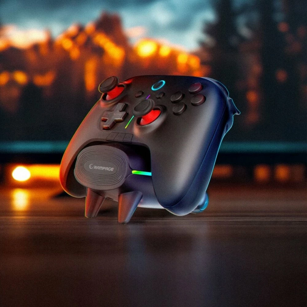 Kontroller lojërash Rampage Hydra Pro (HYDRAPRO-BLACK), RGB, Bluetooth/2.4GHz/USB, me stacion karikimi, i zi