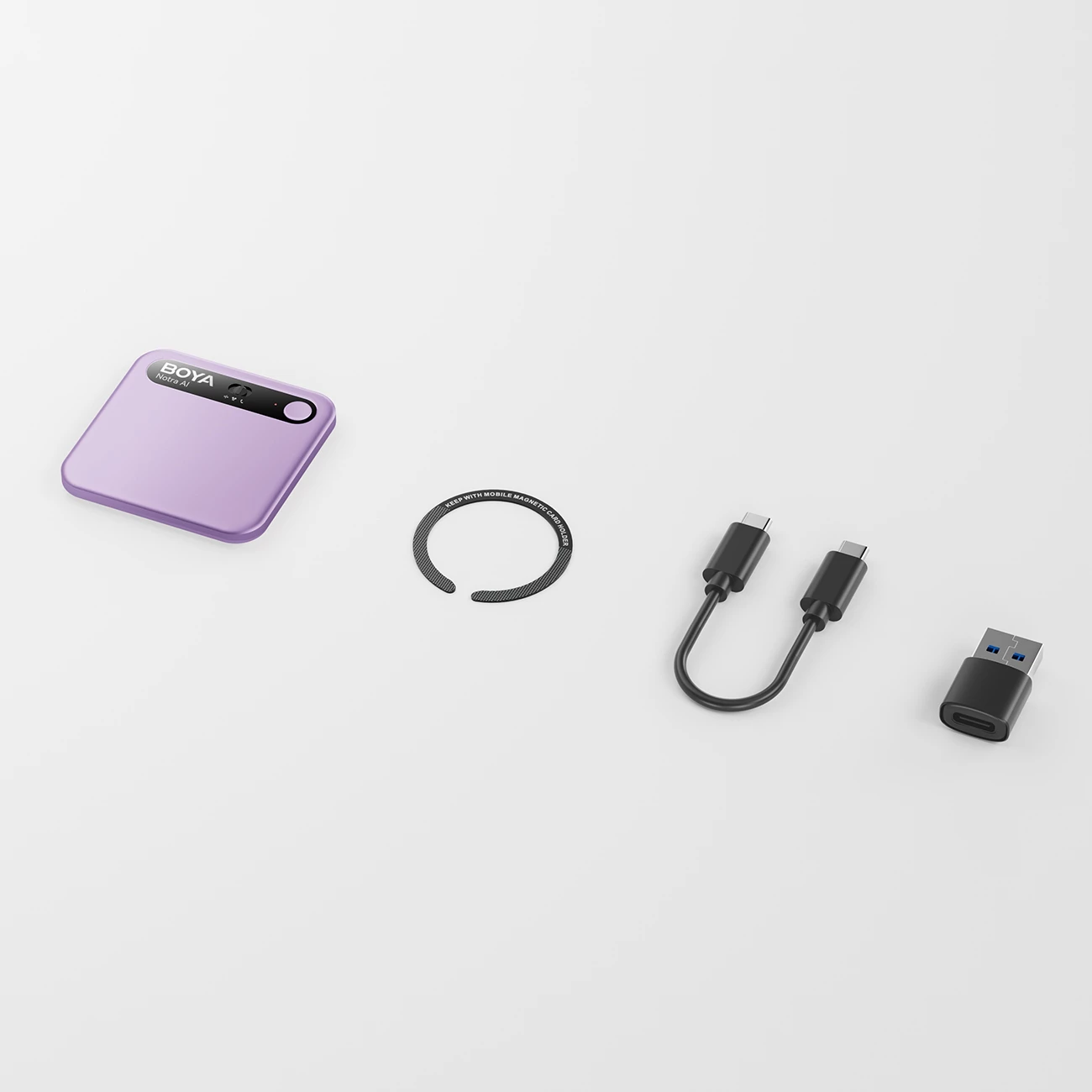 Regjistrues zëri BOYA Notra AI 64GB, transkriptim AI, Bluetooth/USB-C/Wi‑Fi, 24h, kompatibil me MagSafe, vjollcë, set me kabllo USB-C, adapter USB-A dhe unazë magnetike
