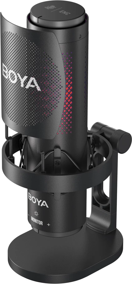 Mikrofon BOYA K9 me kabllo USB-C, 48 kHz 24-bit, RGB, me stendë tavoline dhe pop filter, i zi