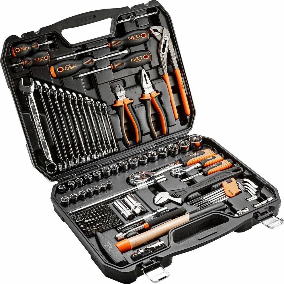 Set veglash Neo 08-945 143 copë (1/2\" & 1/4\"), portokalli/zezë, në valixhe