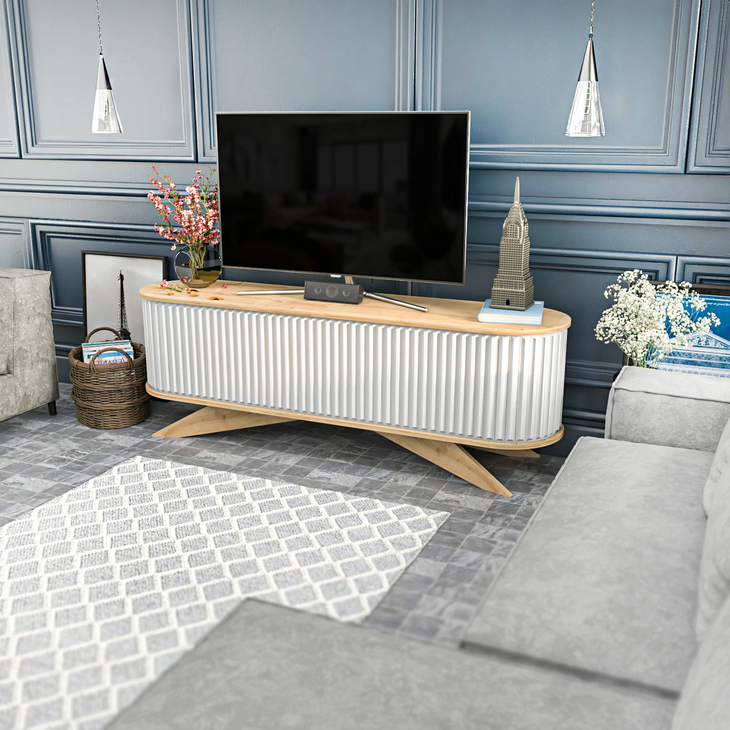 Komodë TV Hanah Home, ngjyrë safir dhe e bardhë, Stor