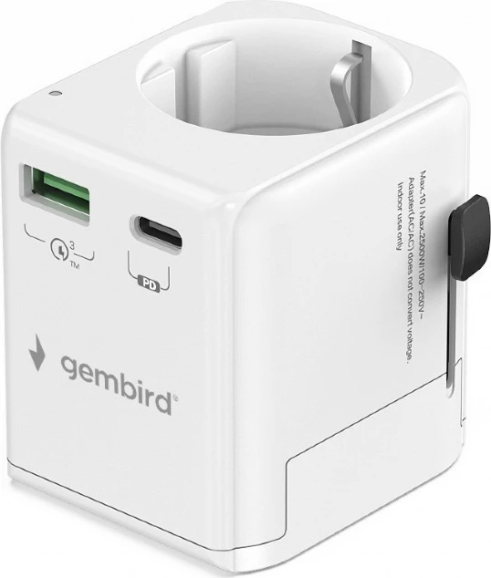 adapter udhëtimi me tokëzim, Gembird, TPA-EU1A1C20-01-W, 20W GaN, USB-C PD + USB-A QC, prizë Schuko, e bardhë