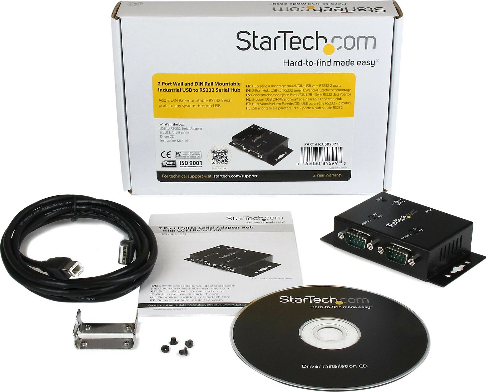 Adapter StarTech ICUSB2322I USB 2.0 Type-B në 2x RS232 Serial, montim DIN Rail/mur, i zi