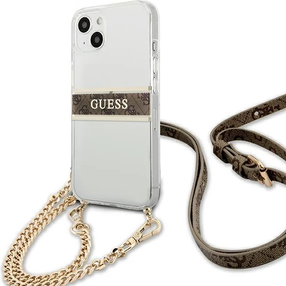 Mbështjellës Guess GUHCP13SKC4GBGO për iPhone 13 mini 5.4", transparent, rrip kafe, zinxhir ari