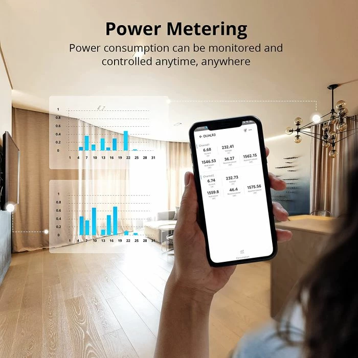 Switch smart Wi‑Fi 2-kanalësh SONOFF DUALR3, kontroll për perde/roleta, matje energjie, 100–240V 10A, 3300W, i bardhë 8