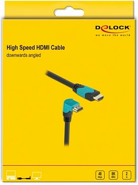 Kabllo HDMI DeLOCK High Speed 2m, 48Gbps, 8K 60Hz, konektor 90° i kënduar, zezë/kaltër
