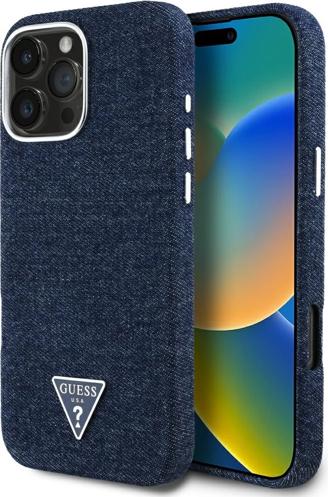 Mbështjellës Guess Denim Triangle Logo MagSafe për iPhone 16 Pro, Kaltër