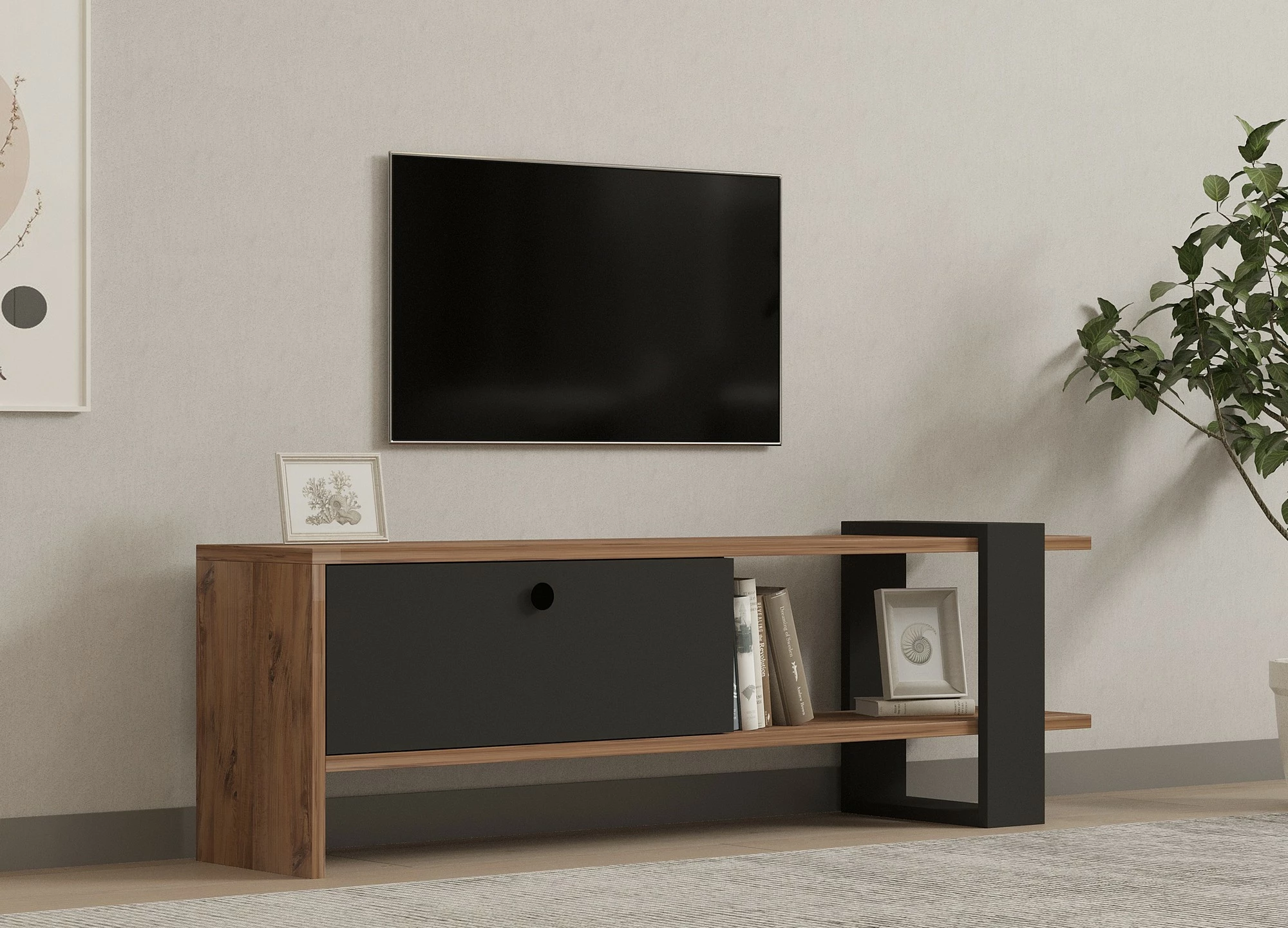 Komodë TV Hanah Home, Ova, ngjyrë lis dhe antracit